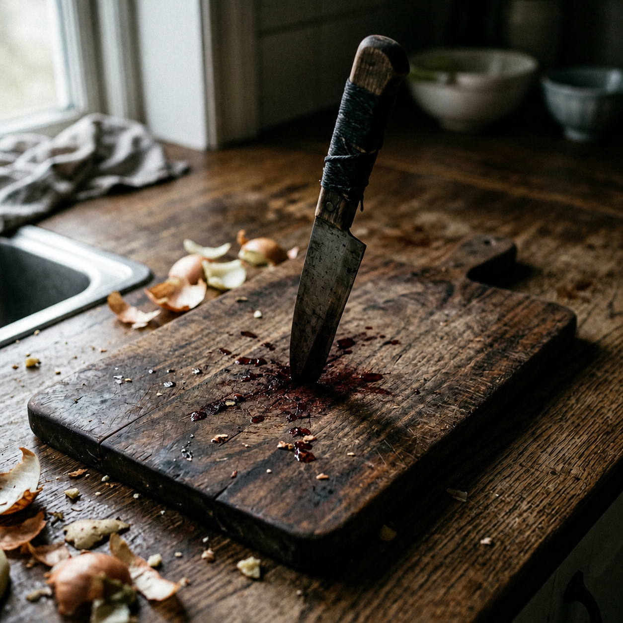 Cleaver embedded in a wooden cutting board with food scraps